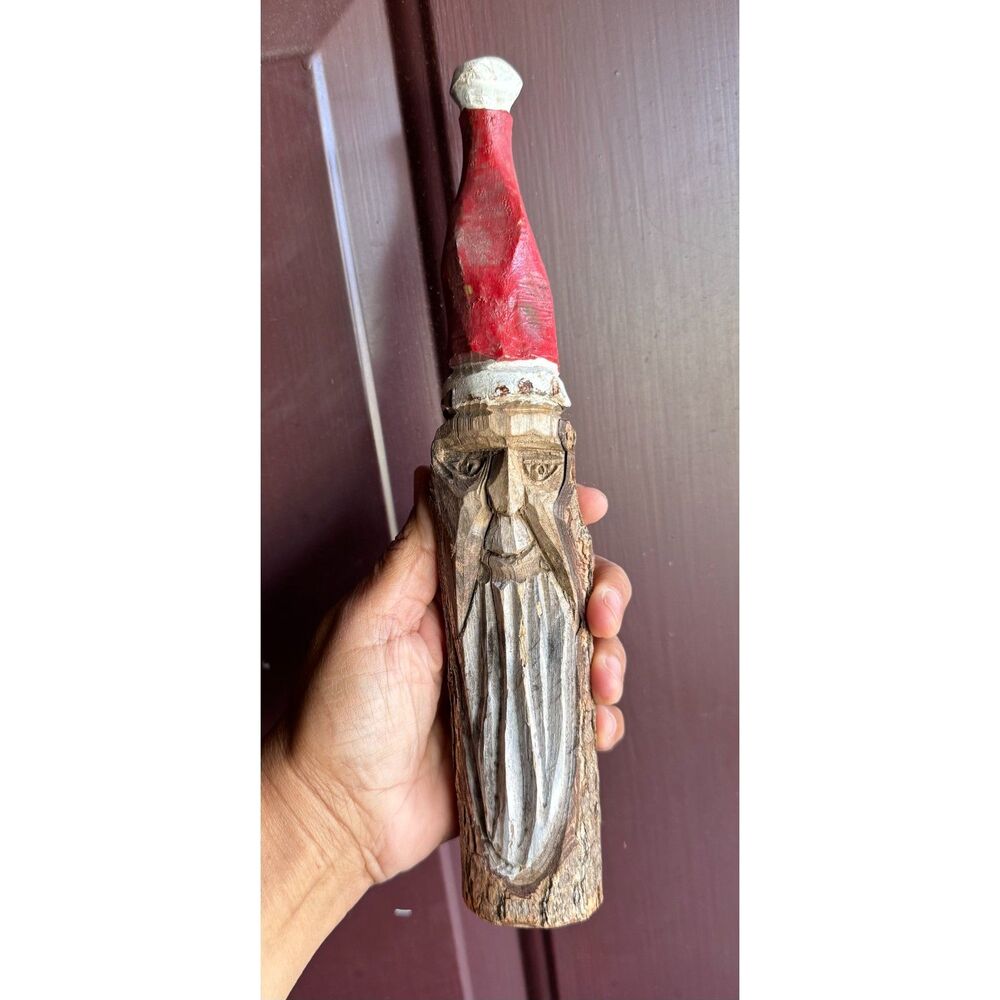 Hand Carved Wood Spirit Santa Face Log Carving Rustic Christmas Dec